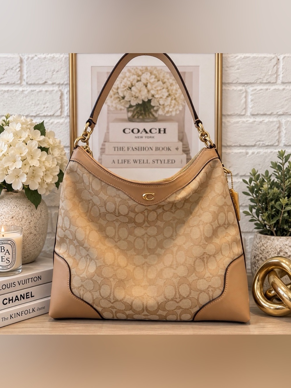 COACH NEW YORK~Khaki/Light Khaki~ELEVATED SIGNATURE "IVIE" HOBO BAG